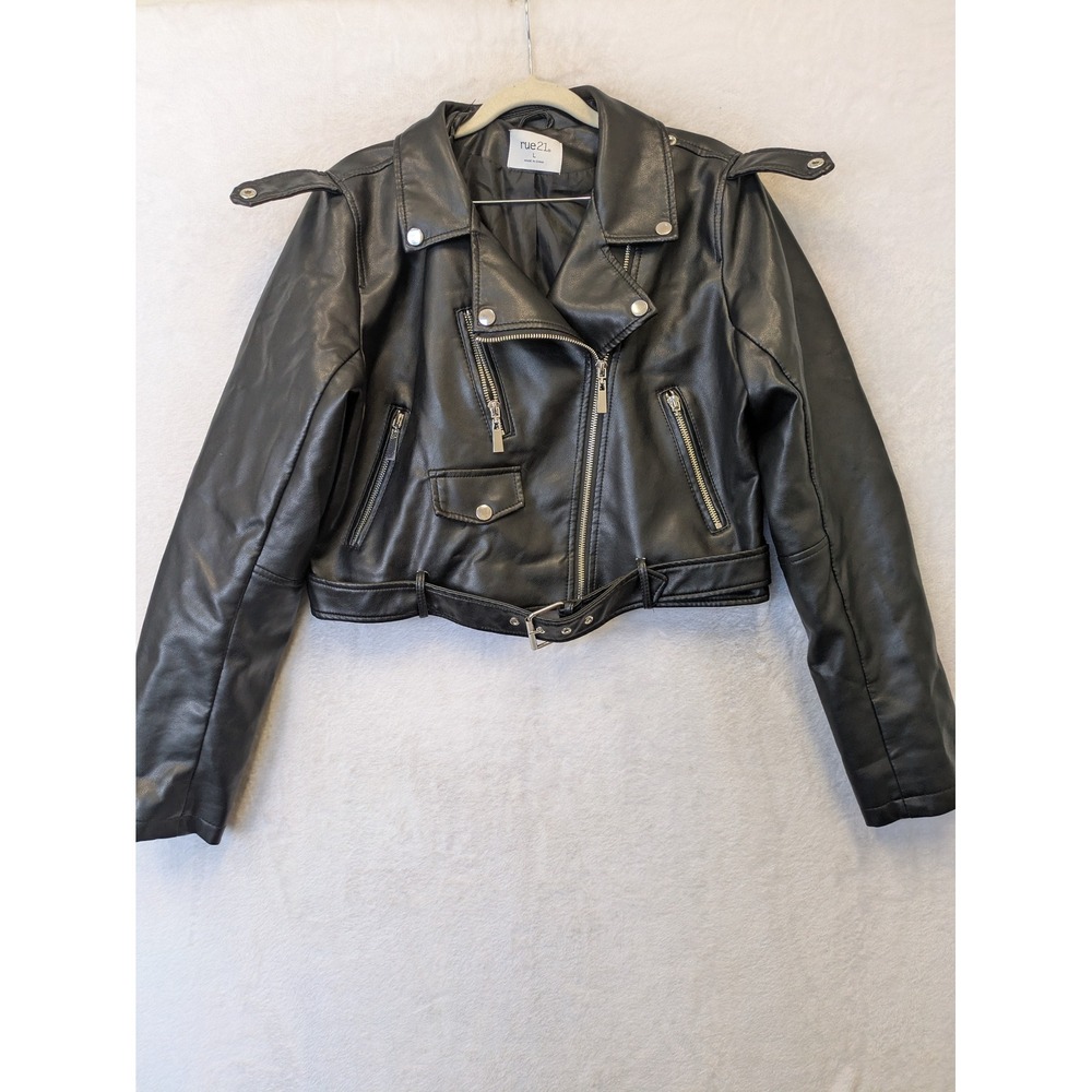 Rue21 Junior's Size L Black Faux Leather Cropped Moto Biker Jacket Belted